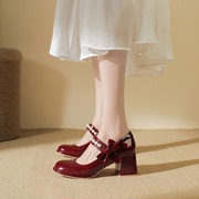 真皮~骄屿酒红色玛丽珍单鞋女设计感小众浅口羊皮法式粗跟高跟鞋