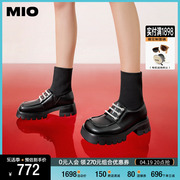 MIO米奥冬靴子黑色小皮鞋短靴针织厚底瘦瘦靴女潮酷拼接袜子靴