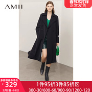 Amii2023春高级感风衣女雪纺拼接设计大衣长款黑色压褶外套