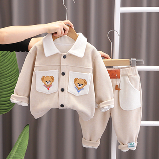 婴儿衣服秋冬季加绒保暖韩版卡通两件套1-2-3岁4男女宝宝休闲冬装