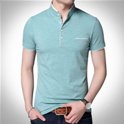 男装纯棉小立领短袖t恤浅绿色大号码，修身型小衫气质塑形年轻单衣
