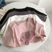 发泡大象印花短袖T恤女韩版2024夏季宽松圆领上衣粉红色T恤打底衫