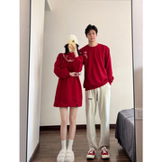 小众设计感情侣装秋冬季红色过新年连衣裙韩版法式一裙一衣ins潮
