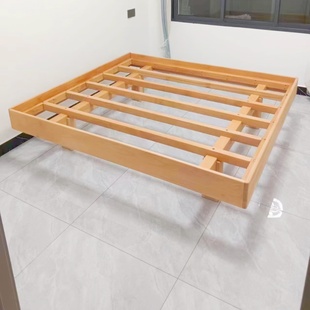 齐边无床头悬浮床全榉木单人全实木床1米5现代简约榉木排骨架床架
