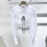 白色针织拼接娃娃领长袖衬衫女春秋季2024设计感甜美衬衣上衣
