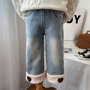 女童牛仔裤冬季加绒羊羔绒洋气时髦一体绒加厚长裤子羊驼绒直筒裤