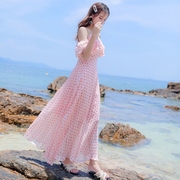 连衣裙女夏季粉色雪纺波点吊带长裙仙女甜美荷叶边裙子沙滩裙度假