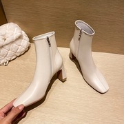白色短靴女靴子，瘦瘦靴高跟鞋米色方头粗跟裸靴女秋冬单靴法式踝靴