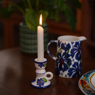 美好的午后 出口乡村田园手绘蓝色青花卉陶瓷餐桌烛台 烛光晚餐