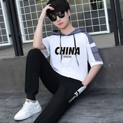 运动套装男夏青少年学生连帽短袖T恤长裤两件套中国风潮休闲男装