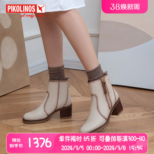 Pikolinos派高雁冬季牛皮圆头粗跟高跟纯色优雅短靴PA227002