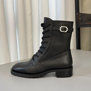 原厂sw马丁靴女短靴真皮圆头侧拉链珍珠款低高跟，黑色秋季粗跟靴子