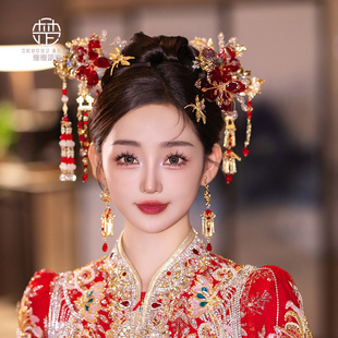 新娘新中式复古秀禾红色，造液花头饰套装，古装汉服晨袍花朵发簪