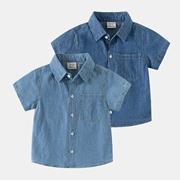 男童牛仔短袖衬衫纯色，夏季2024童装儿童宝宝，休闲纯棉衬衣薄款
