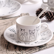 奶茶杯创意猫杯北欧条纹，咖啡杯碟格子咖啡杯，套装陶瓷创意早餐杯子