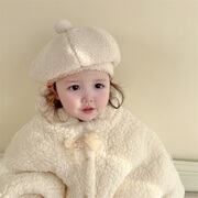 儿童冬季帽子女童贝雷帽潮小女孩保暖羊羔绒百搭宝宝套头帽米白色
