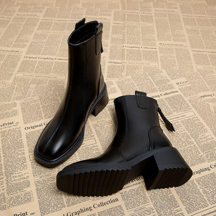 靴子女2023年春秋冬季瘦瘦马丁靴黑色，中跟高跟女鞋高级感短靴