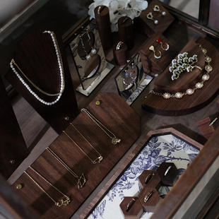 首饰展示架复古胡桃木套系戒指托耳环，收纳架饰品珠宝陈列拍摄道具