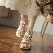 左樱先生 仙女风花朵水晶bling时尚婚鞋 潮粗跟中跟凉鞋女夏