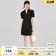 JIUJIU法式V领连衣裙女设计感小众夏季2021泡泡袖黑色百褶裙