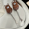 软棉*可爱儿童餐具韩式小熊水果，叉勺套装实木柄不锈钢点心叉便携