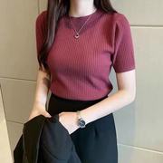2025年夏季新款修身针织衫短袖上衣女套头毛衣内搭短款圆领打底衫