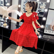 女童连衣裙2020夏雪纺(夏雪纺)v领红色长裙8中大童12岁洋气波西米亚裙