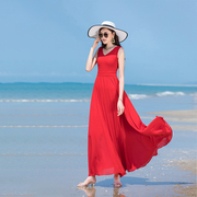 红色裙女夏季大裙摆修身无袖，雪纺沙滩长款v领高腰显瘦白色连衣裙