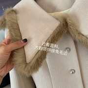 兔毛娃娃领毛边编织毛呢外套，2023冬季中长款单排扣纯色呢子大衣女
