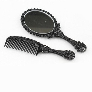 韩国进口安娜苏风镜子梳子套装，黑色蔷薇花手柄镜，暗黑少女风镜梳