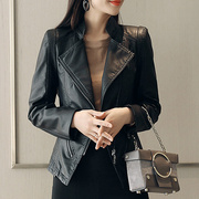 韩国2023年秋季外套女黑色，小皮衣立领短款时尚，高腰显瘦皮夹克