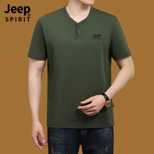 jeep吉普短袖夏季男款2023宽松品牌，v领t恤男士，高端体恤上衣服