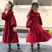 女童红色连衣裙2023秋冬中大童双层娃娃领纯棉灯芯绒长款裙子