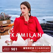 100桑蚕丝卡米兰法式设计感真丝衬衫女2024春红色衬衣上衣