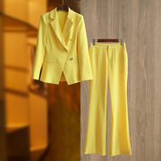 马卡龙色系黄色西装外套开叉微喇叭长裤两件套气质上班通勤装