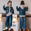 120-170女童长袖条纹打底衫牛仔外套长款三件套的春季韩版潮