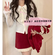 圣诞节服饰红色秋冬可爱套装毛呢外套内搭半身裙三件套衣服女