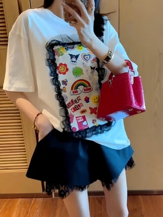 纯棉白色韩国东大门时尚卡通，印花蕾丝拼接百搭短袖，t恤上衣女