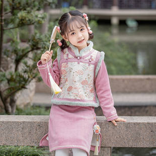 女童旗袍裙冬装儿童加厚两件套古装连衣裙宝宝中国风宝宝汉服套装