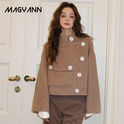 Magyann设计师原创纽扣短款直筒不规则口袋大衣羊毛外套女小个子