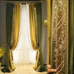 轻奢窗帘墨绿色高档别墅丝绒布现代简约纯色客厅卧室绣花美式
