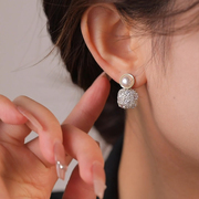 法式轻奢白色珍珠耳钉气质，小香满钻方形时尚，超闪甜美洋气耳饰耳环