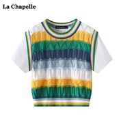 拉夏贝尔/La Chapelle彩色条纹假两件短袖t恤女夏针织衫短款上衣