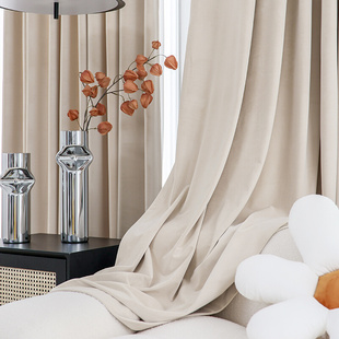 窗帘北欧简约现代绒布法式高档轻奢客厅遮光卧室米白色2022年