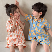 儿童睡衣薄款夏季纱布2024宝宝短袖两件套男童兄妹家居服套装