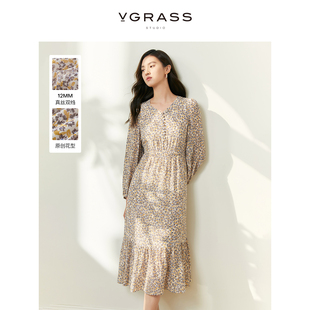 vgrass原创花型12mm真丝，双绉连衣裙24年春季v领显瘦气质裙子