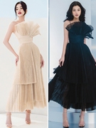 越南设计师小众气质蕾丝网纱扇形百褶小礼服大摆收腰显瘦连衣裙