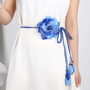 蓝色裙子腰带流苏装饰连衣裙衬衫女百搭配饰花朵腰链打结编织腰绳