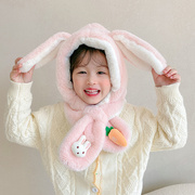 儿童帽子围巾一体秋冬季兔耳朵女童围脖毛绒帽女孩可爱宝宝套头帽