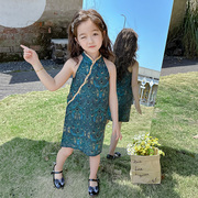 女童夏季旗袍裙2024儿童，夏装洋气孔雀蓝，连衣裙宝宝气质公主裙